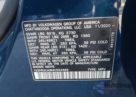 2021 Volkswagen Atlas 3.6L V6 Sel Premium R-Line from USA, damaged, VIN 1V2FR2CA8MC552686